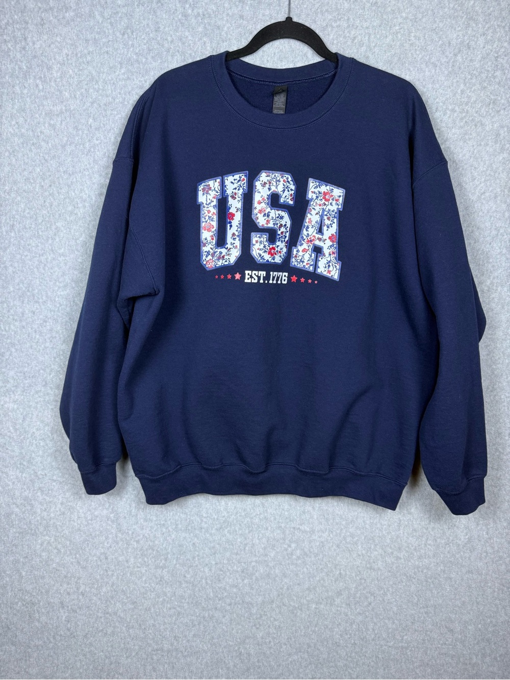 Gildan Navy Crewneck Sweatshirt with Floral USA Graphic